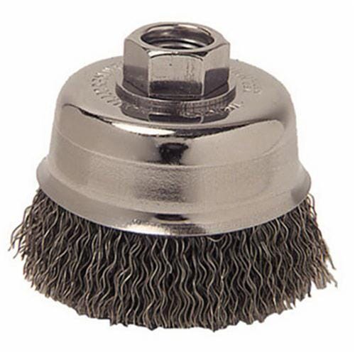 Weiler® 13245 Cup Brush, 3 in Dia Brush, 5/8-11 UNC Arbor Hole, 0.014 in Dia Filament/Wire, Crimped, Steel Fill